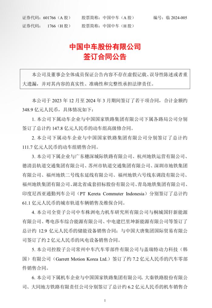 中国中车：今年8-12月签订约693.5亿元合同